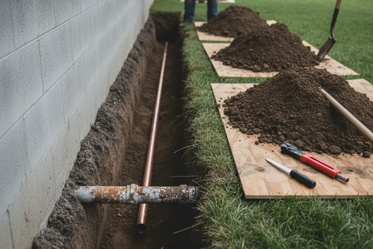 Excavated water line trench during Sewer Line Repair in Polo